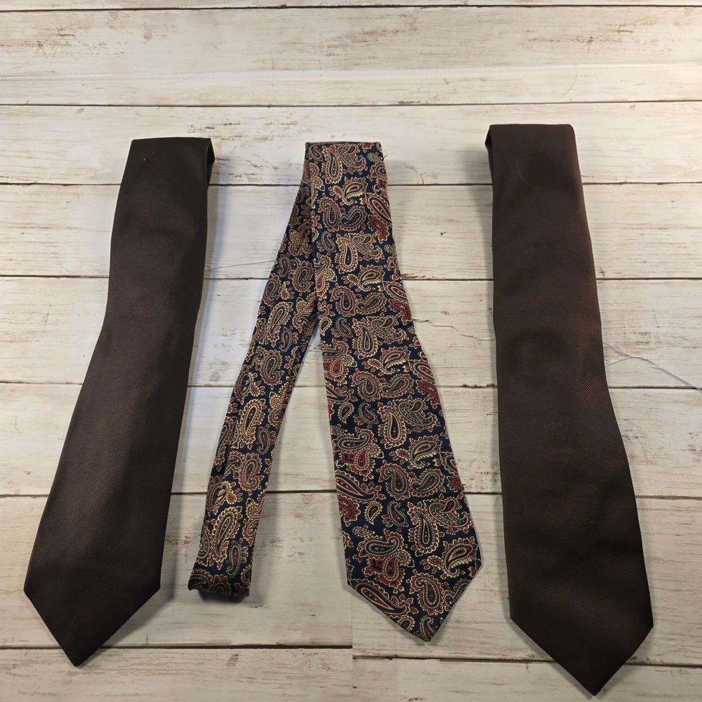 Ketch Mens Necktie Lot of 3 Brown Twill & Navy Burgundy Paisley Silk Blend Ties